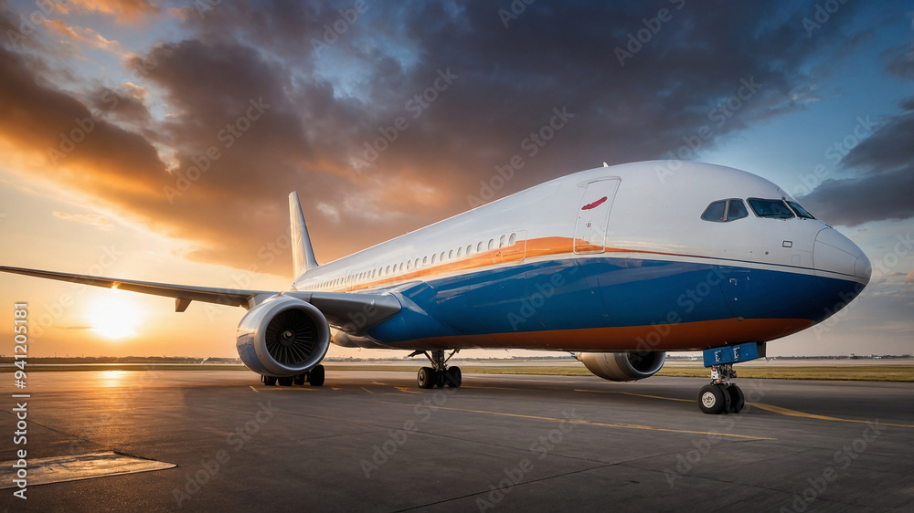 Sunset behind a passenger airplane parked on an airport runway, ready for takeoff, with beautiful sky. Sunset behind a passenger airplane parked on an airport runway, ready for takeoff, with beautiful sky.