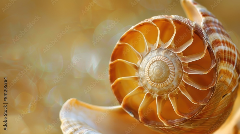 Nautilus shell in closeup, showcasing its intricate spiral pattern. The shell's geometric design is a stunning example of nature's artistry.