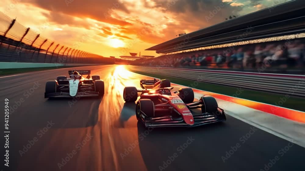 Two formula one cars racing on a track during a vibrant sunset, showcasing speed and competition