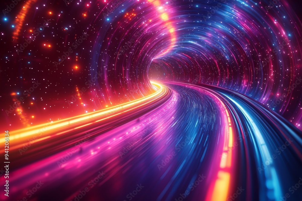 Light beams of neon lines, abstract circular explosions on a glowing background. Dynamic effect futuristic hyper jump fast motion on a bright blue purple backdrop. Arranging disparate elements in a Light beams of neon lines, abstract circular explosions on a glowing background. Dynamic effect futuristic hyper jump fast motion on a bright blue purple backdrop. Arranging disparate elements in a