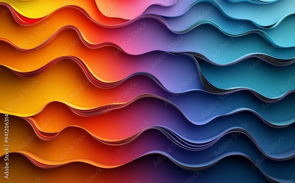 A vibrant gradient color texture background with overlapping layers of wavy waves. A vibrant gradient color texture background with overlapping layers of wavy waves.