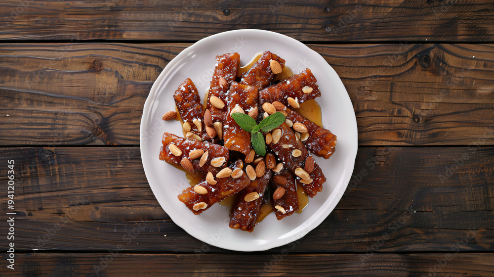Sweet dessert bars adorned with almonds and syrup on a rustic wooden table Sweet dessert bars adorned with almonds and syrup on a rustic wooden table