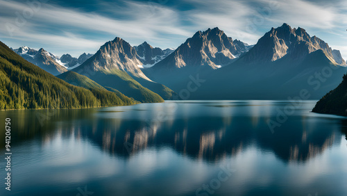 Beautiful lake and mountain scenery, wild natural landscapes, distant mountains with faint shadows