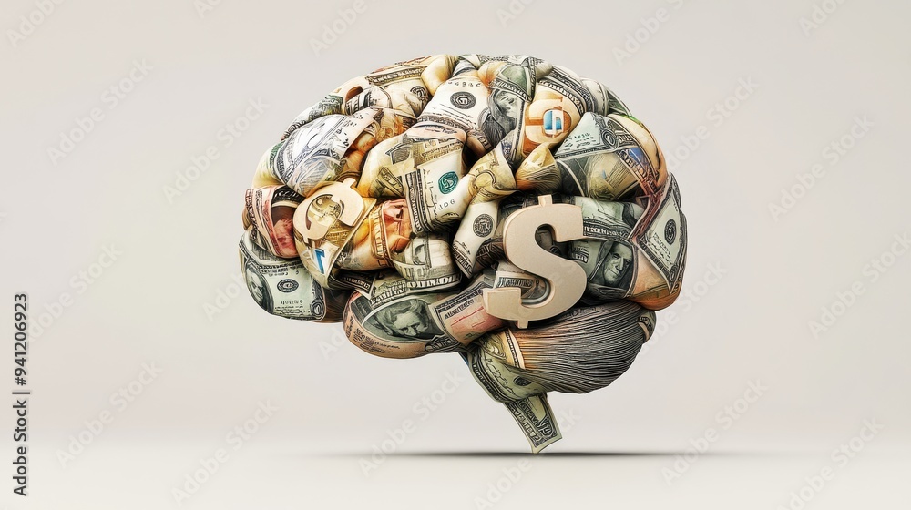 Fototapeta premium Creative concept of a brain made with money and a dollar sign, symbolizing the link between finance and intelligence.