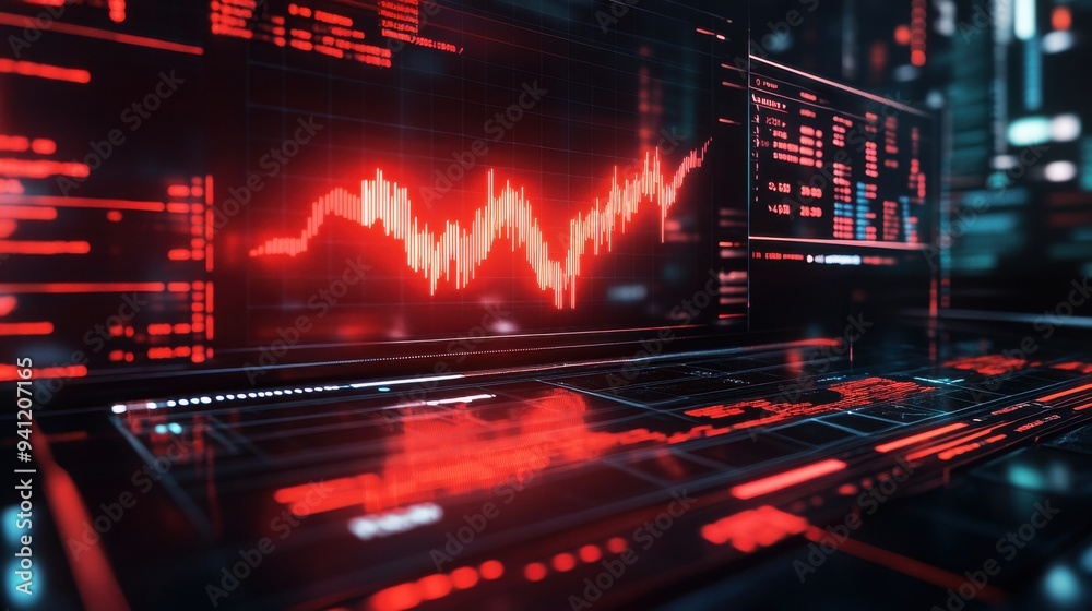 Close-up of computer screens displaying red digital data and charts in a high-tech business environment, indicative of stock market analysis. Close-up of computer screens displaying red digital data and charts in a high-tech business environment, indicative of stock market analysis.