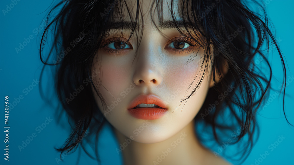 A Korean woman with wavy black hair poses softly against a blue background, capturing a serene and intimate moment during a bright afternoon A Korean woman with wavy black hair poses softly against a blue background, capturing a serene and intimate moment during a bright afternoon