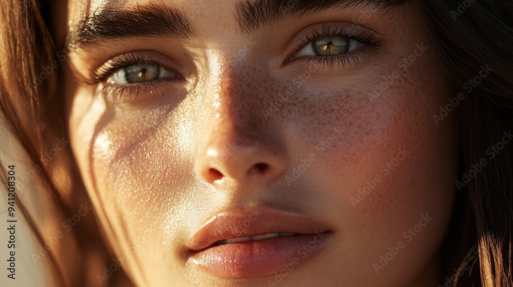 A close-up of a woman face with natural light enhancing her smooth, clear skin, emphasizing her healthy and vibrant complexion. A close-up of a woman face with natural light enhancing her smooth, clear skin, emphasizing her healthy and vibrant complexion.