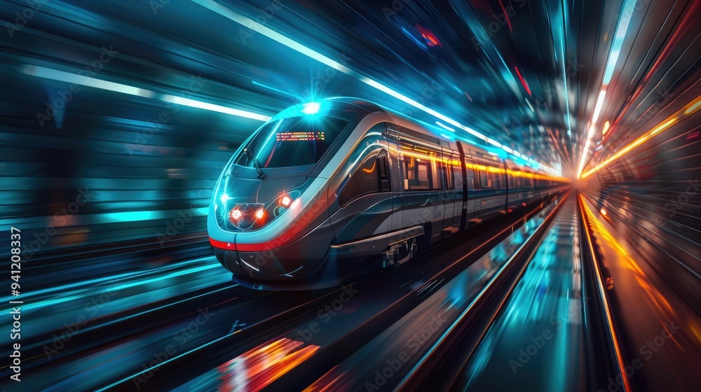 High-Speed Train Traveling Through Tunnel with Bright Lights High-Speed Train Traveling Through Tunnel with Bright Lights