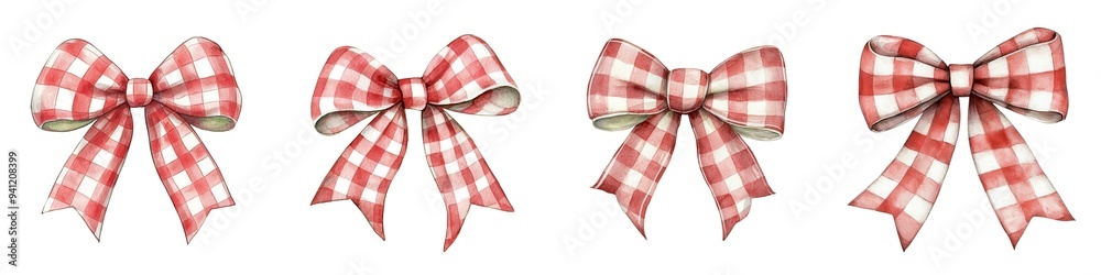 A classic red and white gingham bow, watercolor clipart, cozy holiday decor, isolated on white background A classic red and white gingham bow, watercolor clipart, cozy holiday decor, isolated on white background