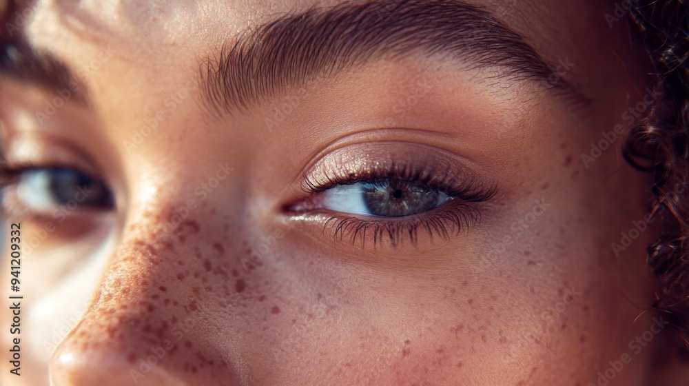 Fototapeta premium A close-up of a woman's radiant skin, with natural-looking makeup enhancing her features, captured in sharp focus.