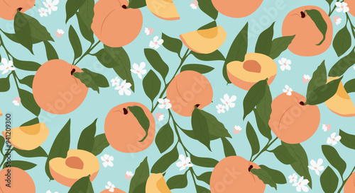 Summer vector seamless pattern with fresh peaches and leaves on blue background. Delicate groovy vintage design for different purposes. 