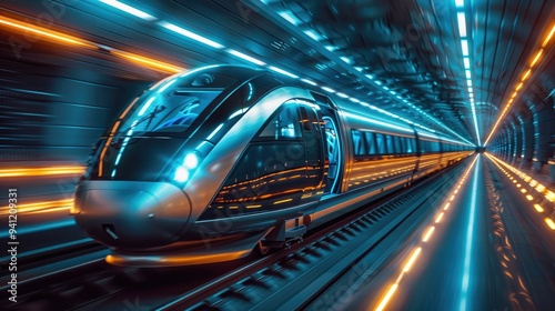 Futuristic High-Speed Train Traveling Through a Neon-Lit Tunnel