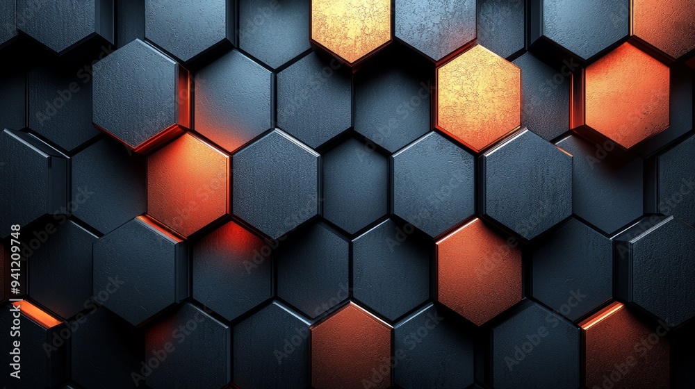 With glowing orange and blue highlights, the abstract hexagonal pattern creates a dynamic and futuristic appearance. With glowing orange and blue highlights, the abstract hexagonal pattern creates a dynamic and futuristic appearance.