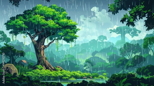 A Large Tree in a Tropical Rainforest During a Downpour