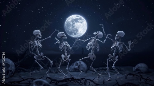 Dancing skeletons beneath a full moon in a night sky, surrounded by skulls and barren landscape, depicting a spooky, eerie atmosphere.