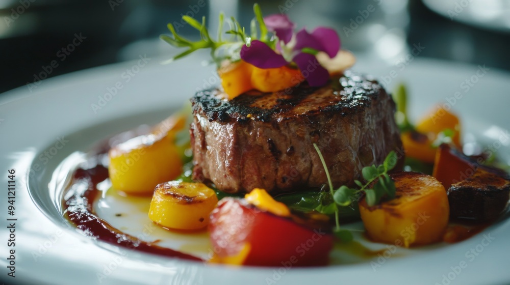 A close-up of an elegantly plated gourmet dish with vibrant colors and artistic presentation, showcasing fine dining details ready to be served. A close-up of an elegantly plated gourmet dish with vibrant colors and artistic presentation, showcasing fine dining details ready to be served.