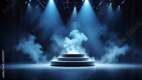 stage that was lit up with smoke and decorative lights. Smoke volume light effect and blue vector spotlight set against a black background. Projector for cloud cover in stadiums, generative AI 