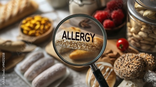 Magnifying glass highlighting 'allergy' amidst various foods, emphasizing food allergies. photo