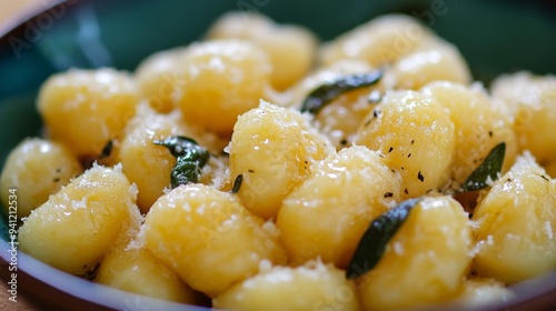 A close-up of Italian gnocchi with a sage butter sauce, showcasing the fluffy texture and delicate flavor of the dish.