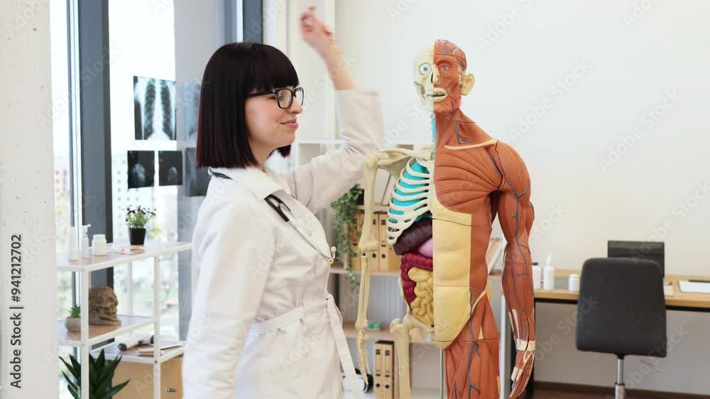 Dancing female doctor in white lab coat standing beside anatomy model ...