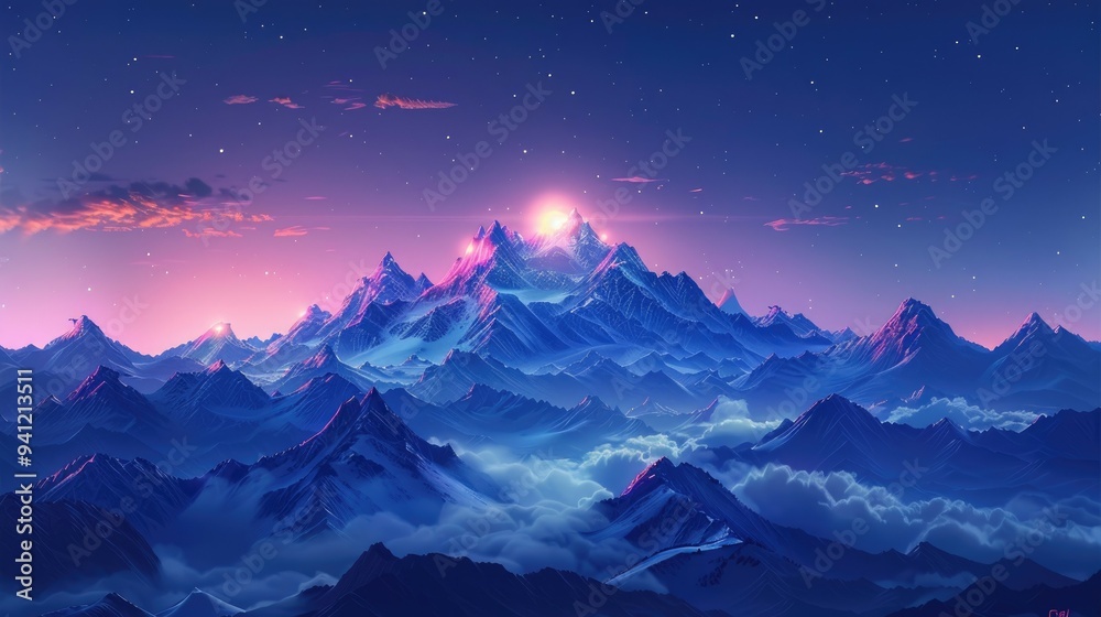 Majestic Mountain Range at Sunset with a Starry Sky Majestic Mountain Range at Sunset with a Starry Sky
