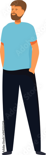 Bearded man with hands in his pockets is standing and looking aside