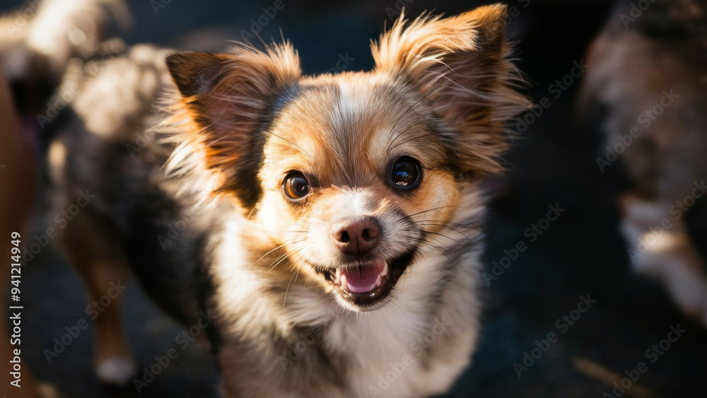 Close-up of a happy small dog with fluffy fur and big eyes in sunlight. The background is dark and blurred. Concept of joy and pets. Close-up of a happy small dog with fluffy fur and big eyes in sunlight. The background is dark and blurred. Concept of joy and pets.