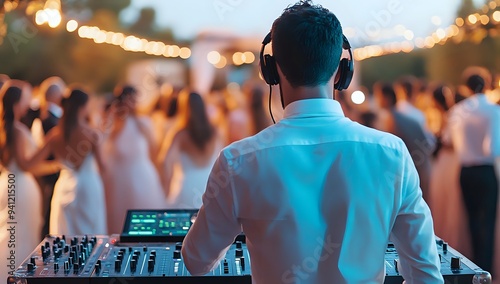DJ Mixing Music at an Outdoor Event with a Crowd Dancing
