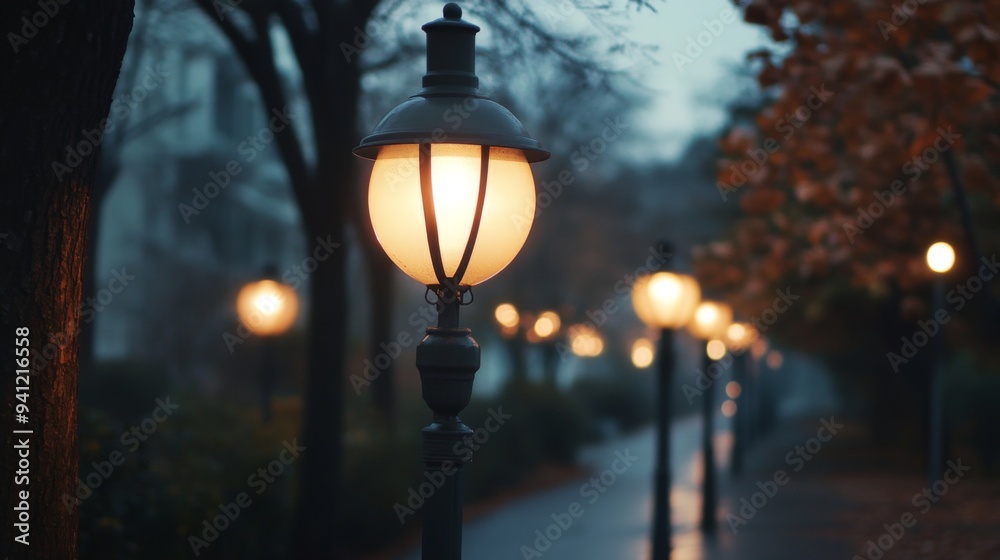 A close-up view of street lamps casting a warm glow on a quiet road, with trees and buildings softly lit in the background. A close-up view of street lamps casting a warm glow on a quiet road, with trees and buildings softly lit in the background.