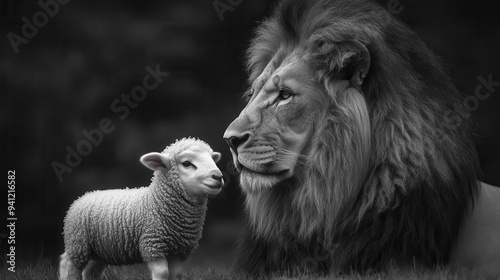 majestic lion and gentle lamb side by side in dramatic black and white portrait powerful contrast symbolizing peace and unity
