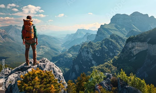 A lone hiker stands atop a rocky ledge, gazing out over lush green valleys and stunning mountain peaks bathed in warm afternoon light. Nature's beauty unfolds in all directions