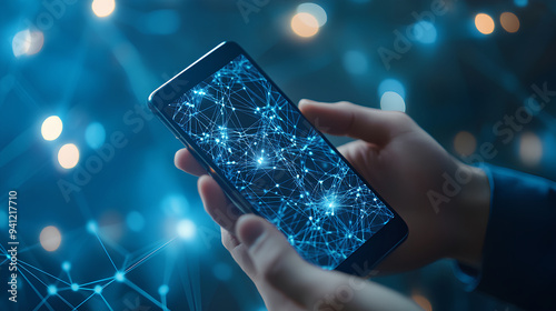Businessman's hand using smartphone with network connection on blue background. Technology concept