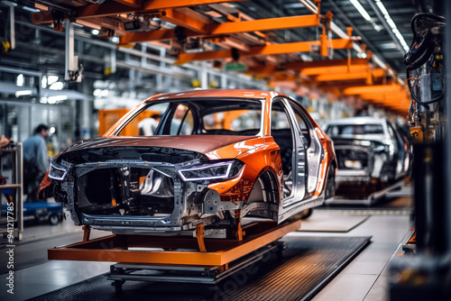 Automotive assembly line. Assembly line of automobile factory. Modern automotive industry