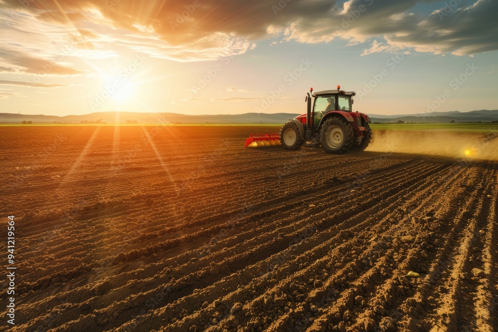 Agricultural equipment in action, suitable for farm or rural scene Agricultural equipment in action, suitable for farm or rural scene