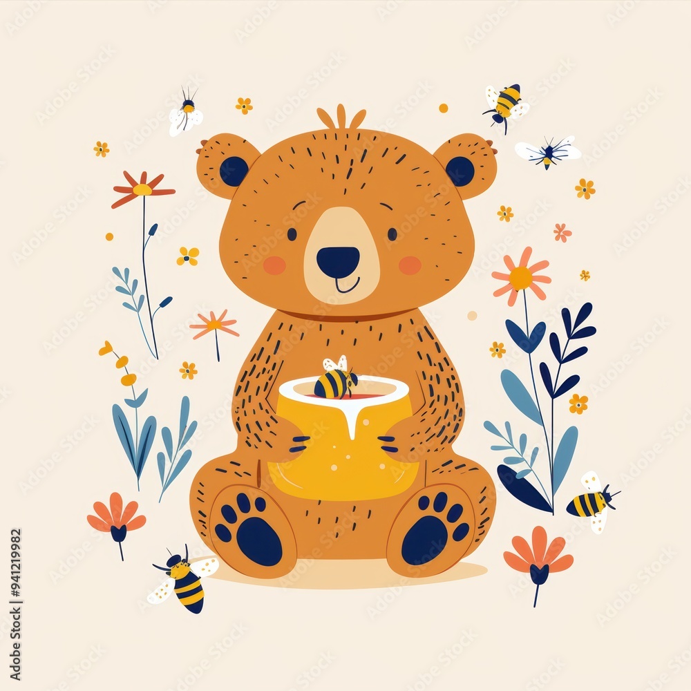 Cute bear sitting and holding a honey pot, surrounded by bees and ...