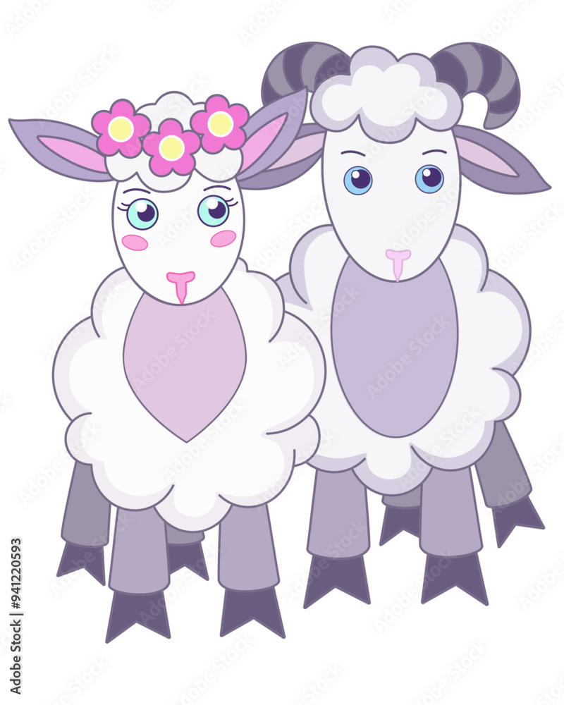 Sheep and ram, couple of cute sheep - vector full color picture. Lambs baby picture. Sheep and ram in soft pastel colors	