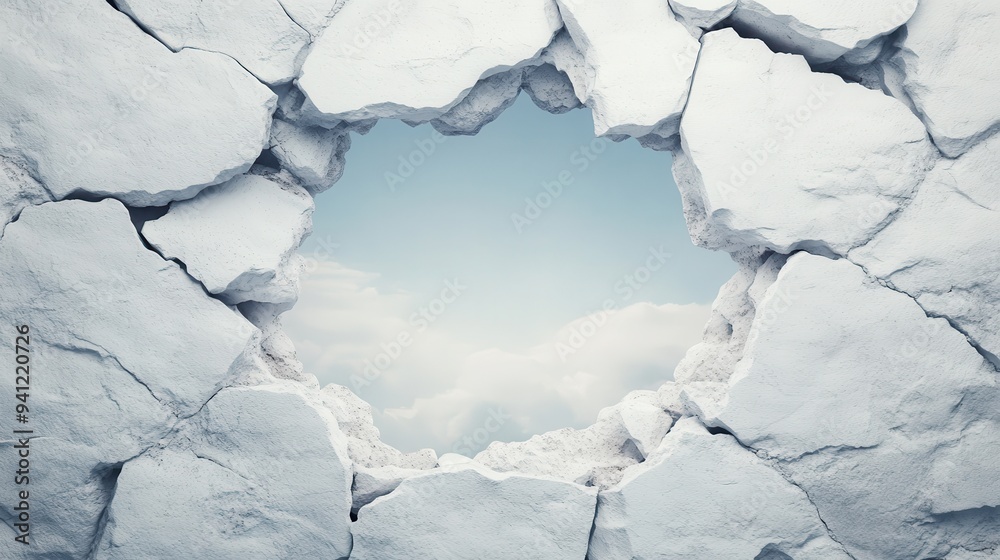 Naklejka premium A cracked wall revealing a serene sky with fluffy clouds, symbolizing hope and new beginnings through a break in the barrier.