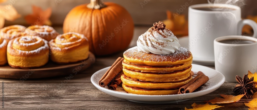 Delicious pancakes topped with cream and cinnamon, complemented by coffee and festive pastries, perfect for autumn mornings. Delicious pancakes topped with cream and cinnamon, complemented by coffee and festive pastries, perfect for autumn mornings.