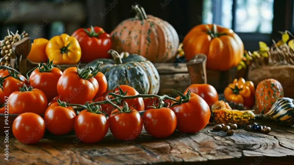 Fresh Red Tomatoes and Pumpkins on a Wooden Table Fresh Red Tomatoes and Pumpkins on a Wooden Table