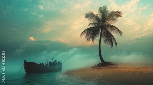 Lonely Palm Tree and Shipwreck in Misty Morning