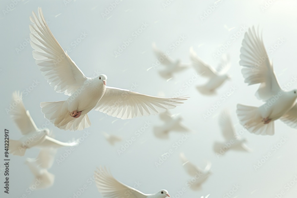 Obraz premium A group of white birds flying together in unison, great for nature or wildlife scenes