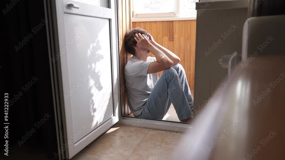 Sad man sitting on bedroom floor during crisis. Concept of depression, illness, tragedy Sad man sitting on bedroom floor during crisis. Concept of depression, illness, tragedy