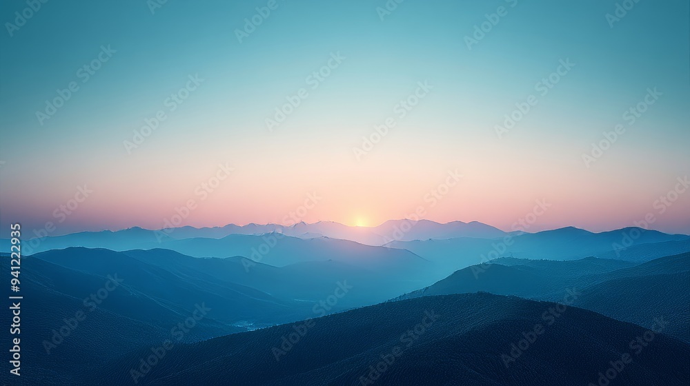 A beautiful mountain range with a blue sky and a sun setting in the background