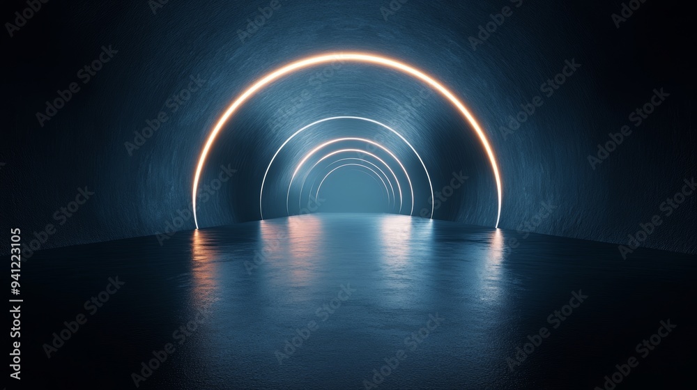 A dark tunnel with a blue and orange light A dark tunnel with a blue and orange light