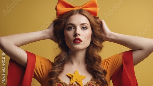 Woman with wavy hair red eye makeup and fairy tale-inspired costume against a solid colored background.