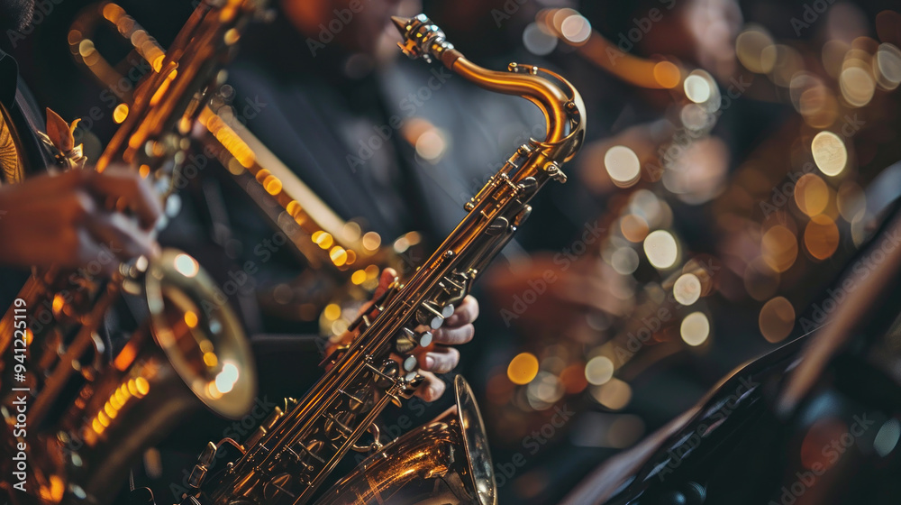 Fototapeta premium Enchanting jazz performance featuring saxophonists adorned in elegant attire illuminating a lively atmosphere. Generative AI