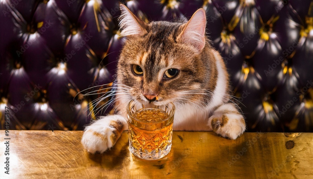 Naklejka premium バーでお酒を飲む猫
