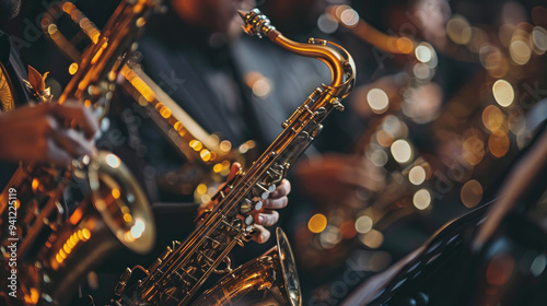 Enchanting jazz performance featuring saxophonists adorned in elegant attire illuminating a lively atmosphere. Generative AI