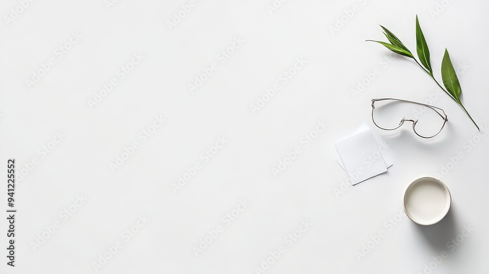 A minimalist workspace with glasses, a cup, and greenery on a white background. A minimalist workspace with glasses, a cup, and greenery on a white background.