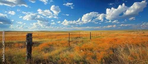 Scenic Landscape of Vast Prairie with Golden Grass and Blue Sky